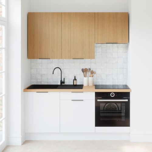 Ensemble De 6 Meubles De Cuisine - L. 185 Cm - Blanc Et Chêne Clair Cannelé - Luzia Mix