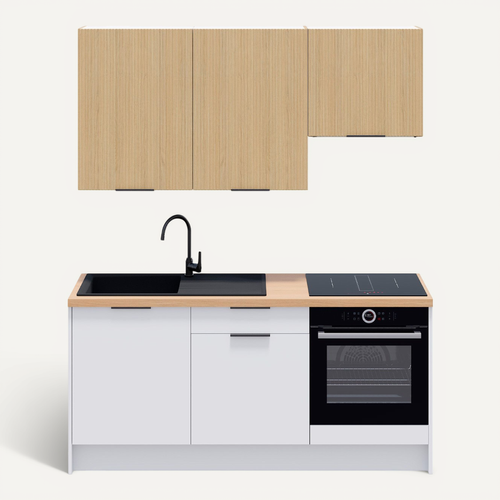 Ensemble De 6 Meubles De Cuisine - L. 185 Cm - Blanc Et Chêne Clair Cannelé - Luzia Mix