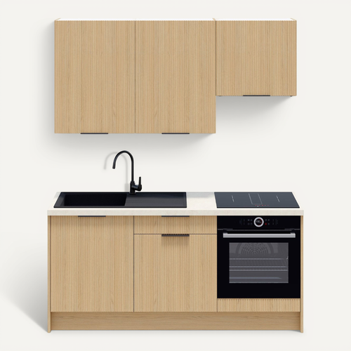 Ensemble De 6 Meubles De Cuisine - L. 185 Cm - Chêne Clair Cannelé - Sierra Mix