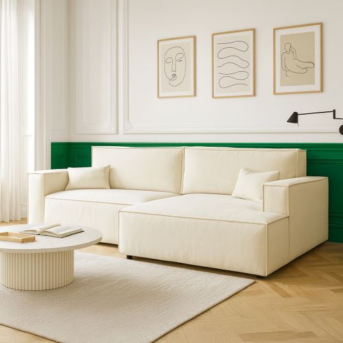 Canapé D'angle à Droite Convertible 3 Places En Tissu Chenille Beige - Asti