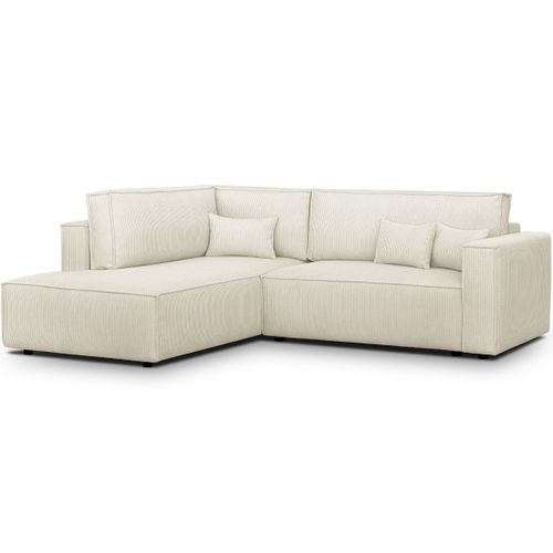Canapé D'angle Ouvert à Gauche Convertible 3 Places En Velours Côtelé Beige - Emma
