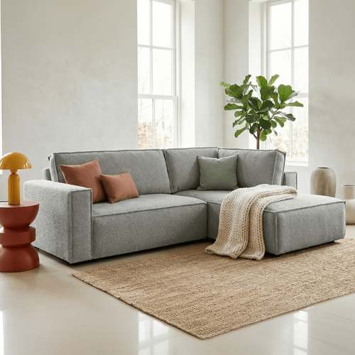 Canapé D'angle Ouvert à Droite Convertible 3 Places En Tissu Bouclé Gris Clair - Emma