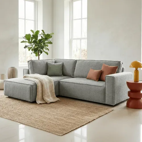 Canapé D'angle Ouvert à Gauche Convertible 3 Places En Tissu Bouclé Gris Clair - Emma