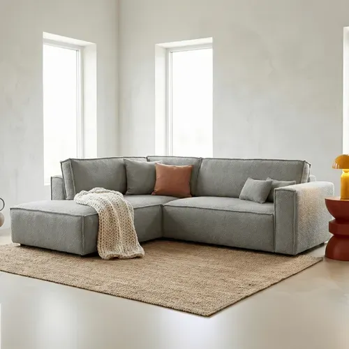 Canapé D'angle Ouvert à Gauche Convertible 3 Places En Tissu Bouclé Gris Clair - Emma