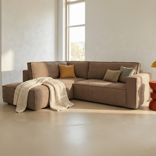 Canapé D'angle Ouvert à Gauche Convertible 3 Places En Tissu Bouclé Rose Poudré - Emma