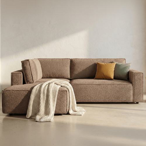 Canapé D'angle Ouvert à Gauche Convertible 3 Places En Tissu Bouclé Rose Poudré - Emma