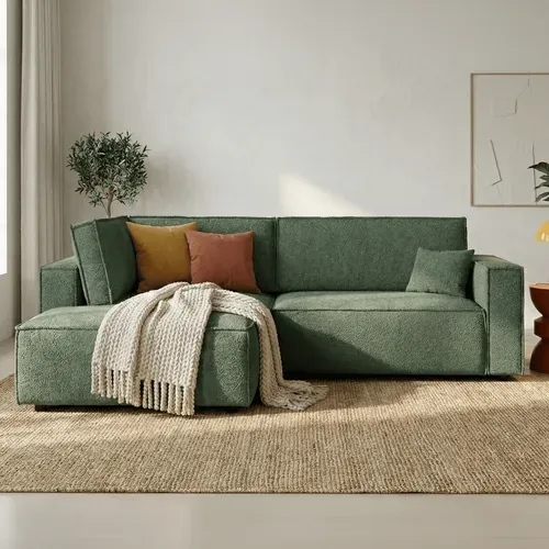 Canapé D'angle Ouvert à Gauche Convertible 3 Places En Tissu Bouclé Vert Foncé - Emma