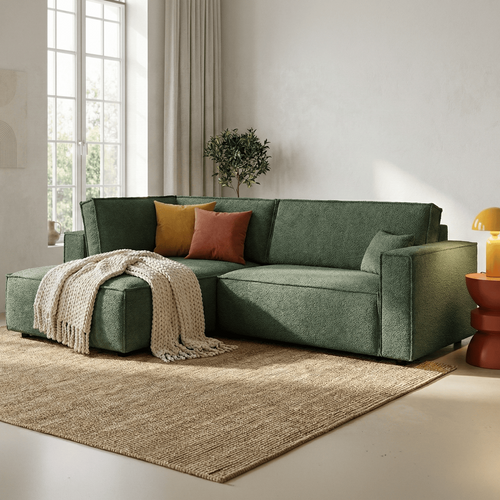 Canapé D'angle Ouvert à Gauche Convertible 3 Places En Tissu Bouclé Vert Foncé - Emma