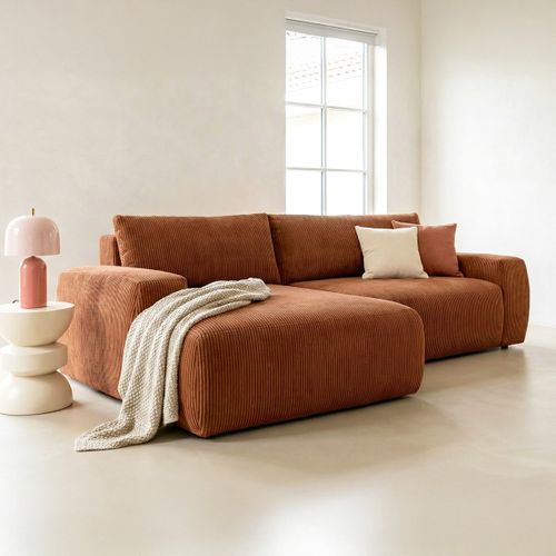Canapé D'angle Gauche Convertible 3 Places En Velours Côtelé Rouille - Sonny