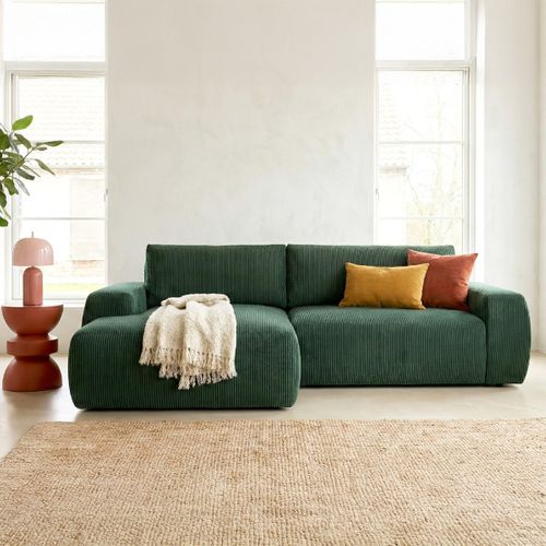 Canapé D'angle Gauche Convertible 3 Places En Velours Côtelé Vert - Sonny