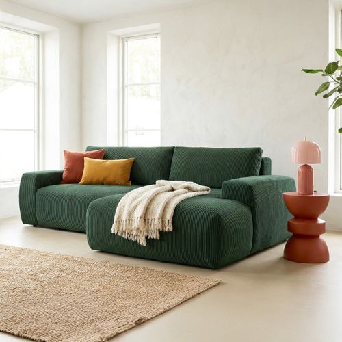 Canapé D'angle Droit Convertible 3 Places En Velours Côtelé Vert - Sonny