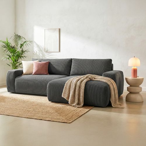 Canapé D'angle Droit Convertible 3 Places En Velours Côtelé Gris Anthracite - Sonny