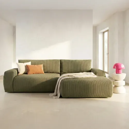 Canapé D'angle Droit Convertible 3 Places En Velours Côtelé Vert Kaki - Sonny