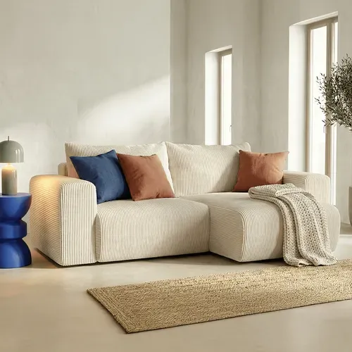 Canapé D'angle Convertible Réversible 3 Places En Velours Côtelé Beige - Amara