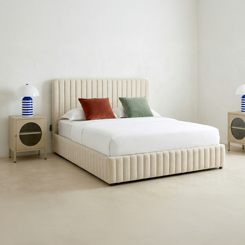 Lit Coffre Adulte 160x200 Cm Avec Tête De Lit Capitonnée En Tissu Chenille Beige - Alto