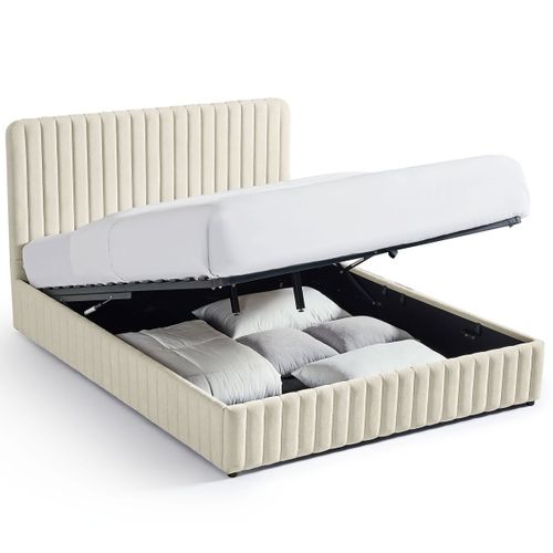 Lit Coffre Adulte 160x200 Cm Avec Tête De Lit Capitonnée En Tissu Chenille Beige - Alto