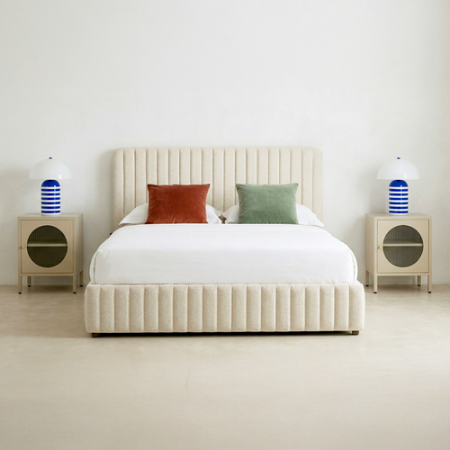 Lit Coffre Adulte 160x200 Cm Avec Tête De Lit Capitonnée En Tissu Chenille Beige - Alto