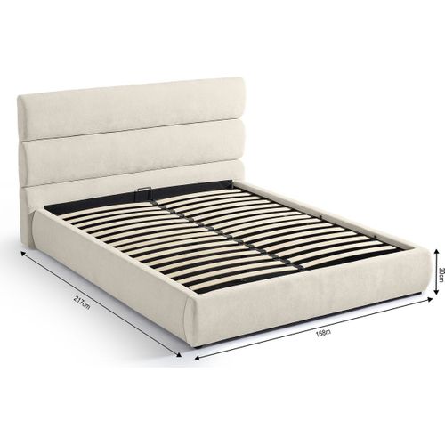 Lit Coffre Adulte 140x190 Cm Avec Tête De Lit Capitonnée En Tissu Chenille Beige - Simon