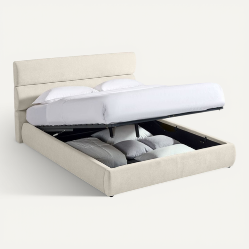 Lit Coffre Adulte 140x190 Cm Avec Tête De Lit Capitonnée En Tissu Chenille Beige - Simon