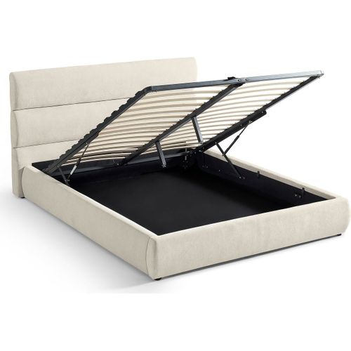 Lit Coffre Adulte 140x190 Cm Avec Tête De Lit Capitonnée En Tissu Chenille Beige - Simon