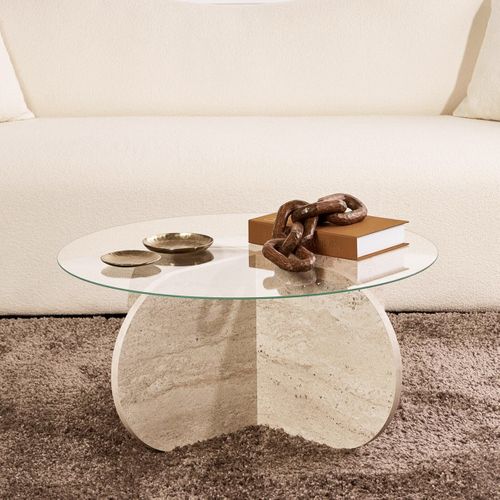 Table Basse Ronde Effet Travertin Et Verre D.75 Cm - Eolia