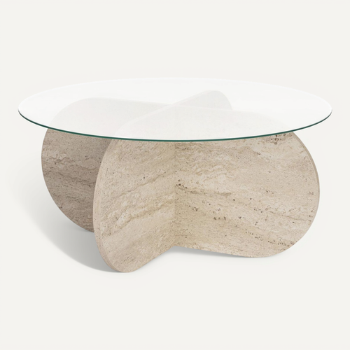 Table Basse Ronde Effet Travertin Et Verre D.75 Cm - Eolia