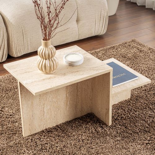 Table Basse Rectangulaire 2 Niveaux Effet Travertin 80 Cm - Calys