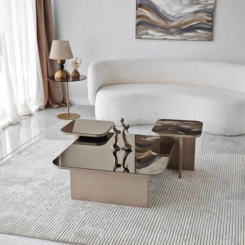 Lot De 3 Tables Basses Gigognes Carrées Beige Et Verre Fumé - Elda