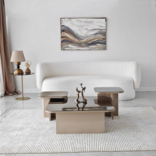 Lot De 3 Tables Basses Gigognes Carrées Beige Et Verre Fumé - Elda