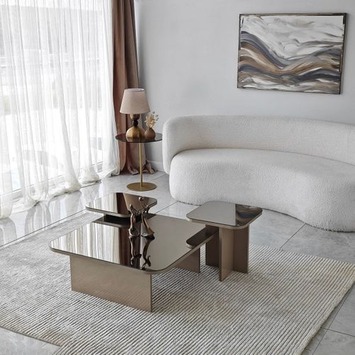 Lot De 3 Tables Basses Gigognes Carrées Beige Et Verre Fumé - Elda