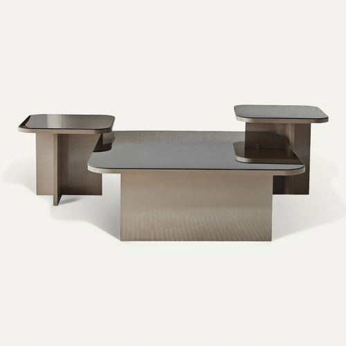 Lot De 3 Tables Basses Gigognes Carrées Beige Et Verre Fumé - Elda