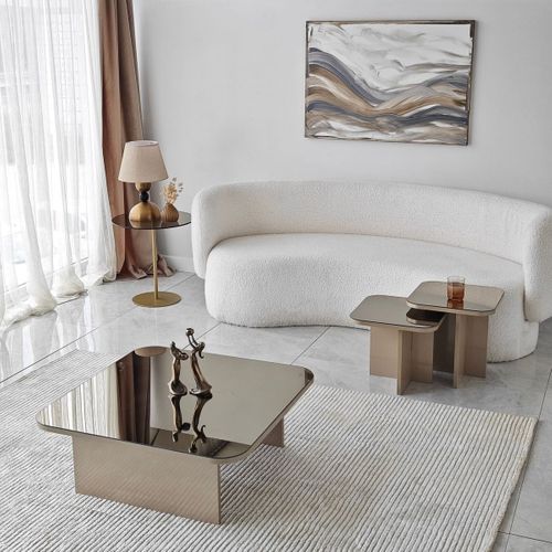 Lot De 3 Tables Basses Gigognes Carrées Beige Et Verre Fumé - Elda