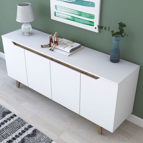 Buffet 4 Portes Blanc, Piètement Noyer 180 Cm - Nola