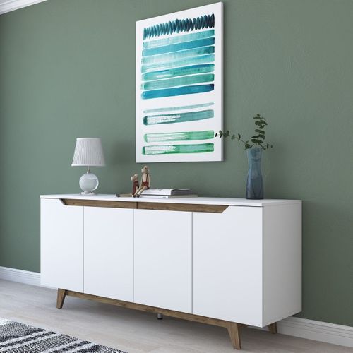 Buffet 4 Portes Blanc, Piètement Noyer 180 Cm - Nola