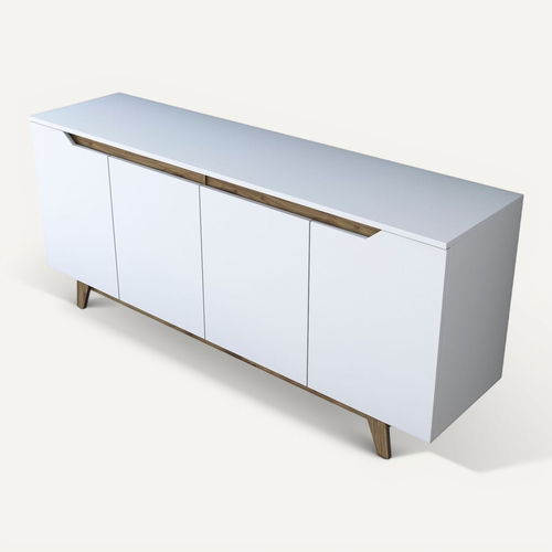 Buffet 4 Portes Blanc, Piètement Noyer 180 Cm - Nola