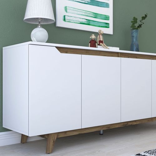 Buffet 4 Portes Blanc, Piètement Noyer 180 Cm - Nola
