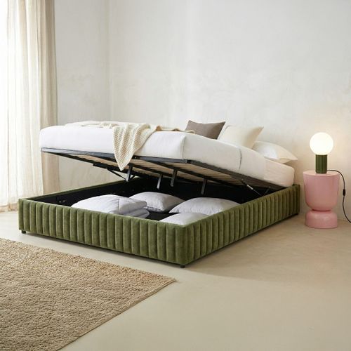 Lit Coffre Adulte 180x200 Cm En Tissu Chenille Vert Kaki - Balto