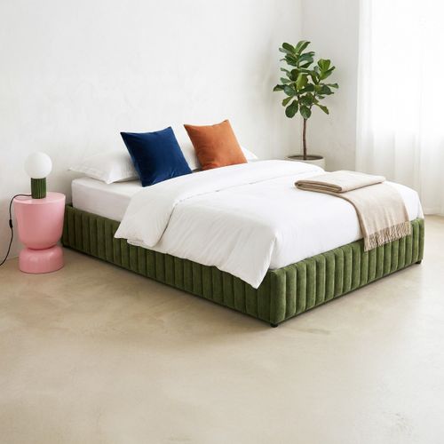 Lit Coffre Adulte 160x200 Cm En Tissu Chenille Vert Kaki - Balto