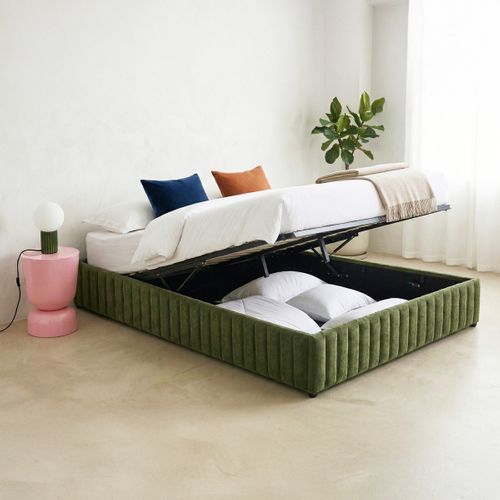 Lit Coffre Adulte 160x200 Cm En Tissu Chenille Vert Kaki - Balto