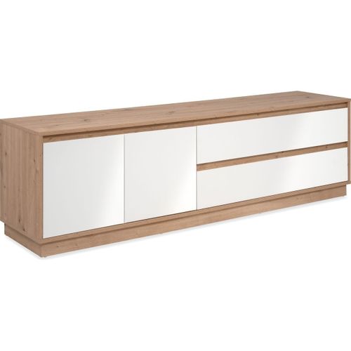 Meuble TV 2 Portes 2 Tiroirs Effet Chêne Et Blanc Brillant 172 Cm - Nalen