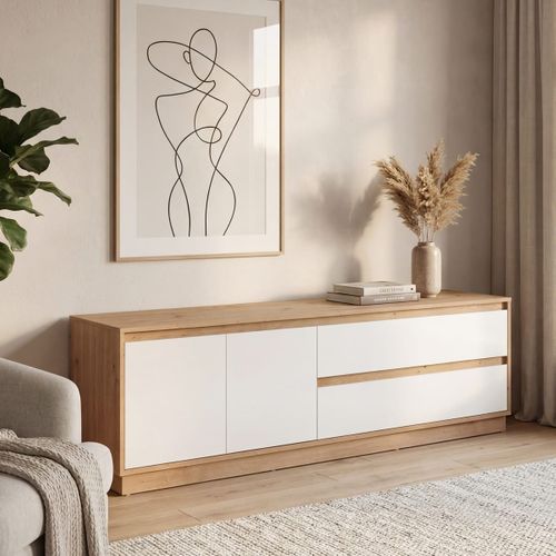 Meuble TV 2 Portes 2 Tiroirs Effet Chêne Et Blanc Brillant 172 Cm - Nalen