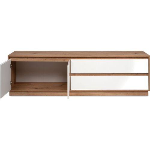 Meuble TV 2 Portes 2 Tiroirs Effet Chêne Et Blanc Brillant 172 Cm - Nalen