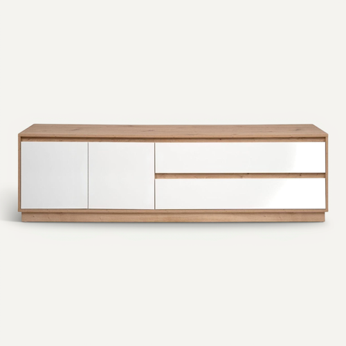 Meuble TV 2 Portes 2 Tiroirs Effet Chêne Et Blanc Brillant 172 Cm - Nalen