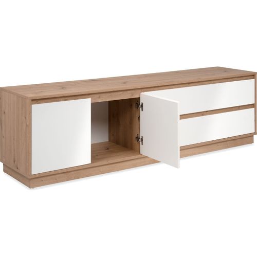 Meuble TV 2 Portes 2 Tiroirs Effet Chêne Et Blanc Brillant 172 Cm - Nalen