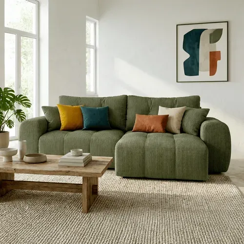 Canapé D'angle Réversible Convertible 4 Places En Velours Côtelé Vert Kaki - Alba