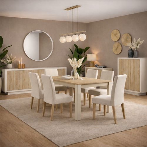 Buffet Bas Contemporain 4 Portes Beige Et Bois Naturel Yori