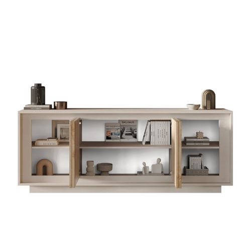 Buffet Bas Contemporain 4 Portes Beige Et Bois Naturel Yori