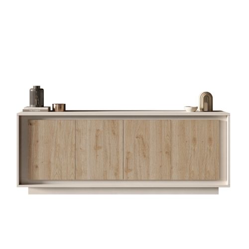 Buffet Bas Contemporain 4 Portes Beige Et Bois Naturel Yori
