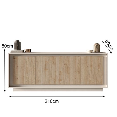 Buffet Bas Contemporain 4 Portes Beige Et Bois Naturel Yori