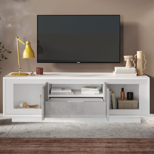 Banc TV Moderne 180cm Blanc Et Gris Béton Yori